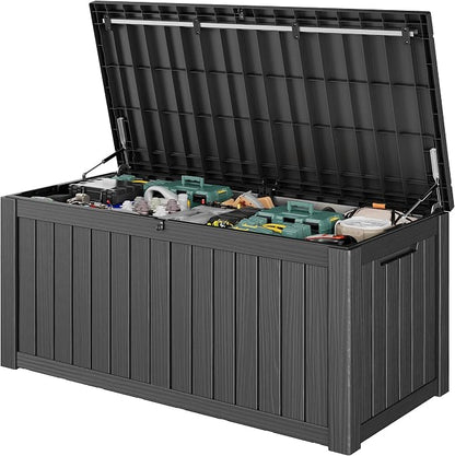 Outdoor Storage Box, 150 Gallon Deck Box with Lockable Lid, Waterproof Resin Storage Bin for Cushions, Garden Tools, Patio Furniture, Black
