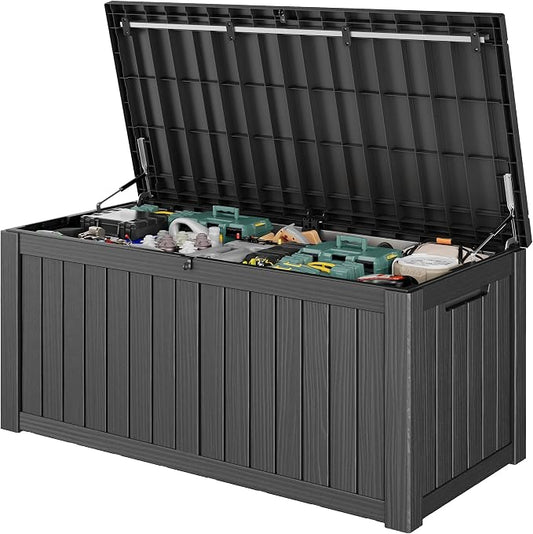 Outdoor Storage Box, 150 Gallon Deck Box with Lockable Lid, Waterproof Resin Storage Bin for Cushions, Garden Tools, Patio Furniture, Black