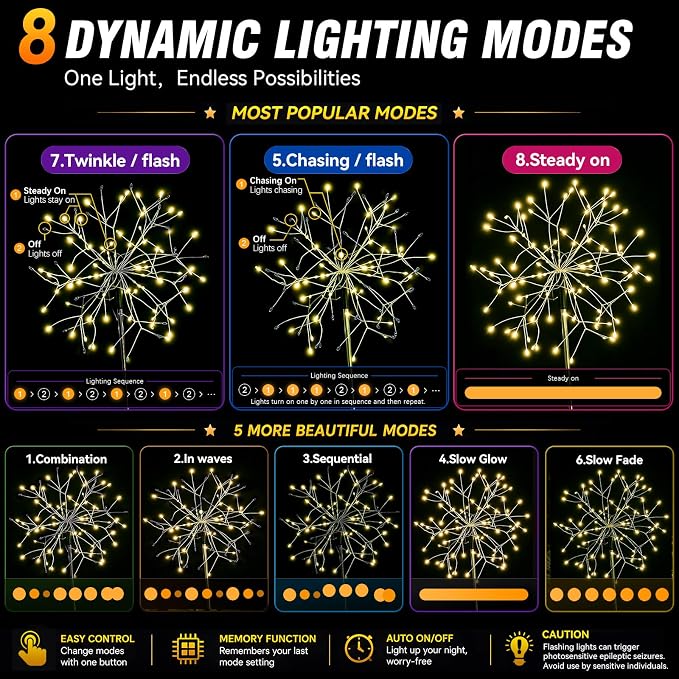 suddus Solar Garden Lights Outdoor Waterproof Decorative, 2Pack 150LED Firework Lights, Solar Fairy Lights for Yard, Garden, Party, Patio, Pathway, Flowerbed - Warm White