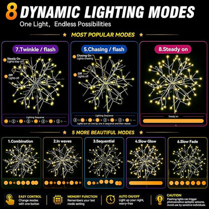 suddus Solar Garden Lights Outdoor Waterproof Decorative, 2Pack 150LED Firework Lights, Solar Fairy Lights for Yard, Garden, Party, Patio, Pathway, Flowerbed - Warm White