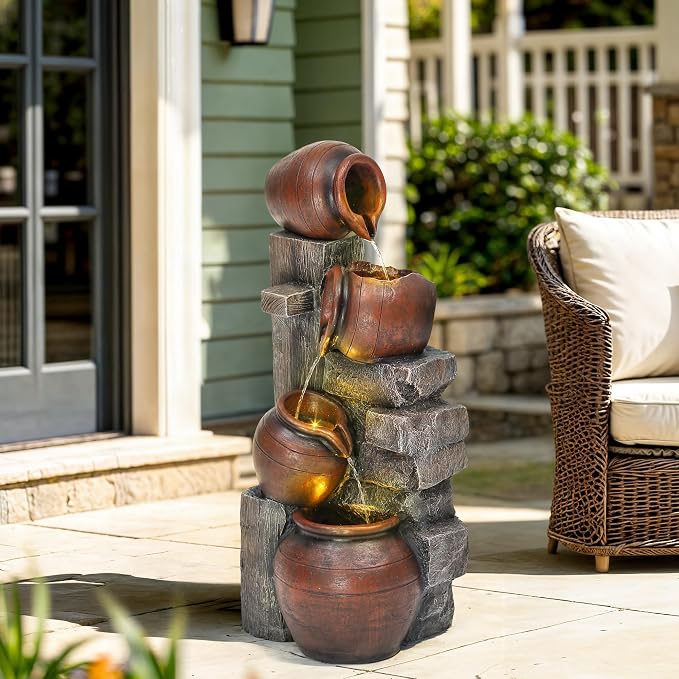 AUTODAYA 31.5" H Outdoor Water Fountain with LED Lights | Farmhouse Style Water Feature with Cascading Waterfall for Patio, Porch, or Yard