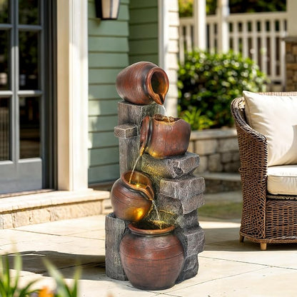 AUTODAYA 31.5" H Outdoor Water Fountain with LED Lights | Farmhouse Style Water Feature with Cascading Waterfall for Patio, Porch, or Yard