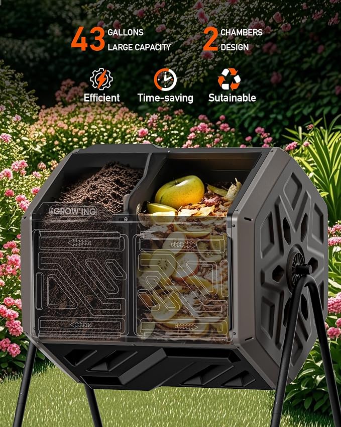 THE Growing 43 Gal Outdoor Compost Bin Tumbler for Backyard Garden, Brown | Twin 21.5gal chambers blend with landscapes. Pre-embedded nuts for fast setup. Durable resin deters pests and bad odors.