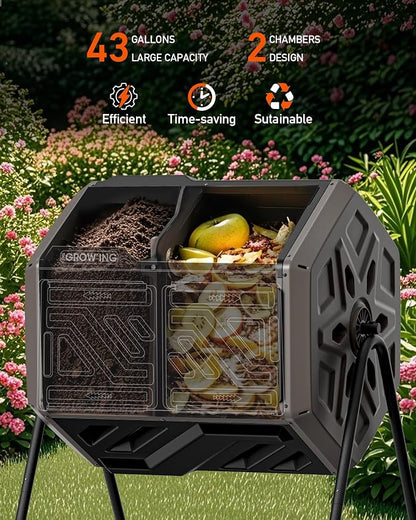 THE Growing 43 Gal Outdoor Compost Bin Tumbler for Backyard Garden, Brown | Twin 21.5gal chambers blend with landscapes. Pre-embedded nuts for fast setup. Durable resin deters pests and bad odors.