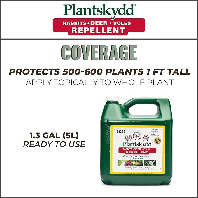 Plantskydd Animal Repellent - Repels Deer, Rabbits, Elk, Moose, Hares, Voles, Squirrels, Chipmunks and Other Herbivores; Ready to Use Liquid - 1.3 Gallon Jug (PS-5L)