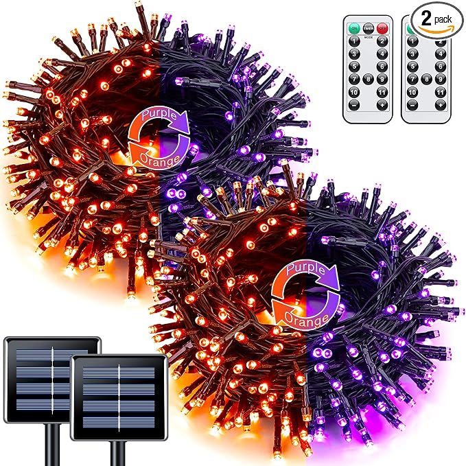 JMEXSUSS 2 Pack Solar String Lights Outdoor Waterproof, Total 66 FT 200 LED Solar Christmas Lights Outdoor, Twinkle Light for Christmas Tree Outside Garden Yard Xmas Decor, Orange to Purple