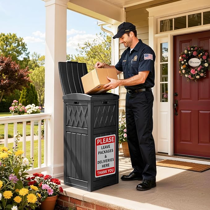 YITAHOME Package Delivery Box with Lift-Out Bag | 31 Gallon Waterproof Parcel Drop Box with Sign, Resin Porch Package Container for Curbside& Outdoor Use, Black