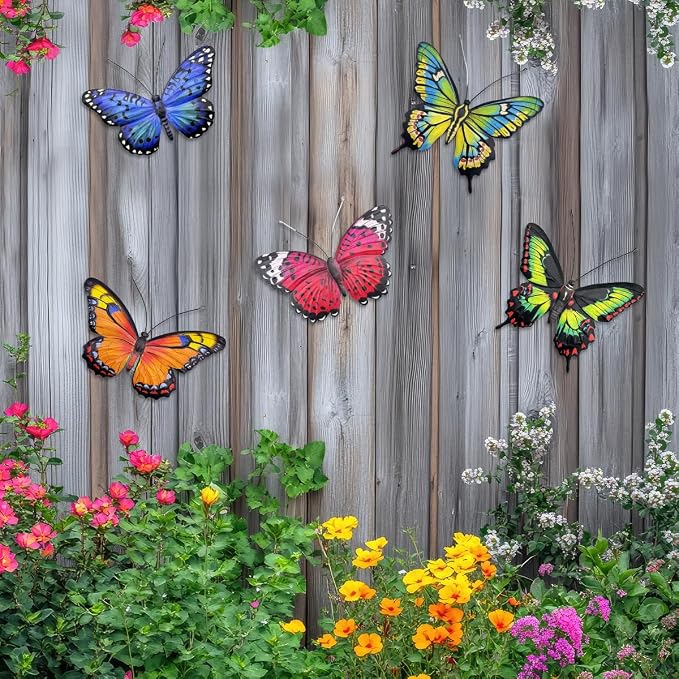 EOORAU Metal Butterfly Wall Decor - 5 Pcs 3D Lifelike Metal Butterflies Outdoor Wall Art Sculpture Hanging Decorations for Outside Fence Yard Patio Garden Exterior Decorations