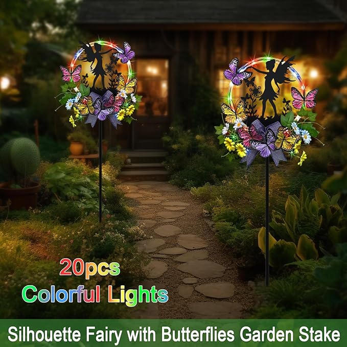 Solar Fairy Garden Decor, Silhouette Fairy with Butterflies Garden Stake,Waterproof for Outside,Walkway,Yard,Lawn,Patio