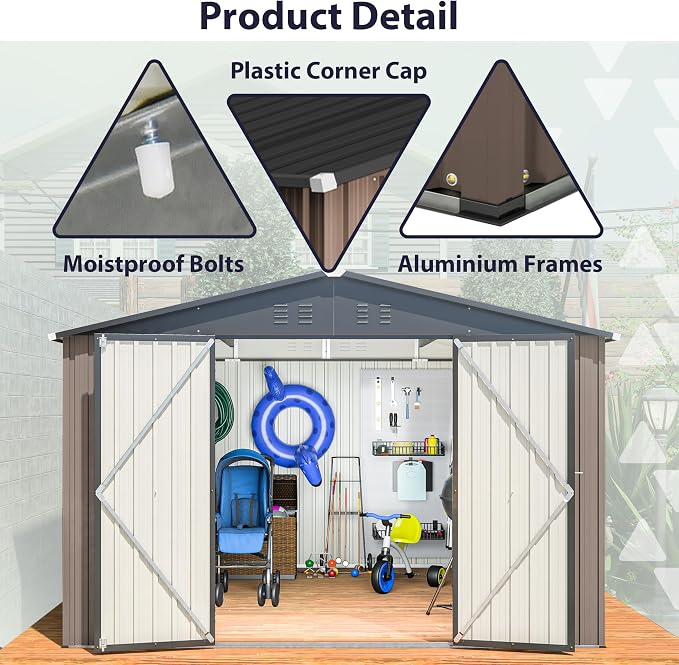 YOPTO 10 x 10 FT Outdoor Storage Shed,Heavy Duty Tool Sheds Metal Storage Garden Shed with Sloped Roof and Lockable Doors,Large Metal Storage Sheds for Backyard Patio Lawn, Brow