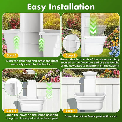 Hanging Planters for Outdoor Plants - Fence Hanging Planters for PVC Fence, Plant Hangers Hanging Plant Flower Pots White with Post Caps for Garden Yard Decor, Easy Install - 4 Pack
