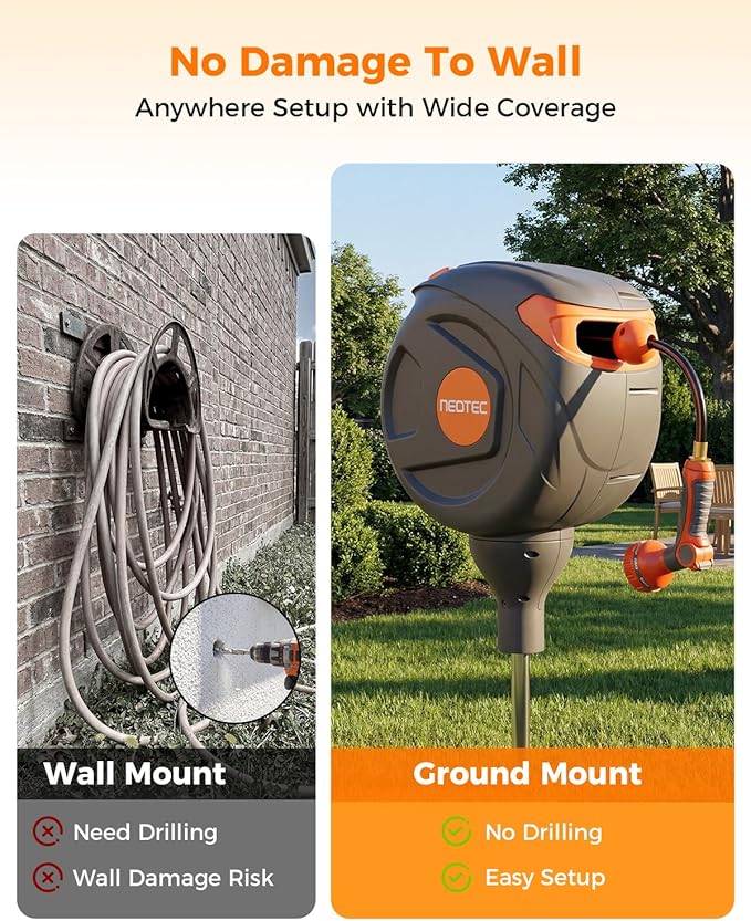 NEO-TEC No-Drill Ground-Mounted Retractable Garden Hose Reel 82 ft x 1/2 Inch, Freestanding 360° Swivel Water Hose with Any-Length Lock & Slow Return for Large Yard & Lawn