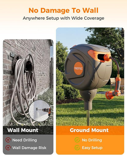 NEO-TEC No-Drill Ground-Mounted Retractable Garden Hose Reel 82 ft x 1/2 Inch, Freestanding 360° Swivel Water Hose with Any-Length Lock & Slow Return for Large Yard & Lawn