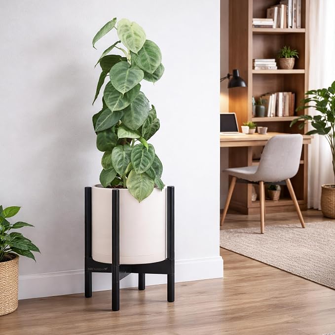 D'vine Dev Plastic Pot with Ebony Wood Stand, Oatmeal, 10 in, 55-C-N-4 | Mid-Century Inspired Design, Elevated Plant Display, Clean Lines, Sturdy Support, Modern Space-Saving Style