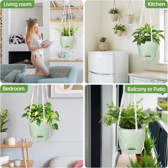 QCQHDU 2-Pack 7.1-Inch Macrame Self-Watering Hanging Planters, Pure Green | Small Plant Pots, Indoor & Outdoor, With Drainage, Two Sets of Hooks