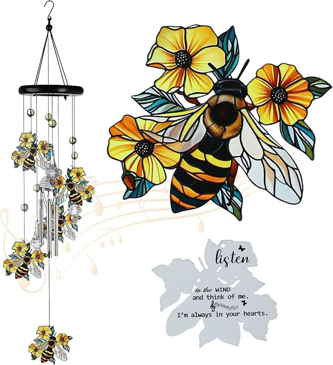 YU FENG Bee Wind Chime with Crystal Suncatcher, Memorial Outdoor Decor | 27 Inch Metal Hanging Chime, Bee Design, Meaningful Gift For Mom Grandma, Garden Yard Patio Decoration