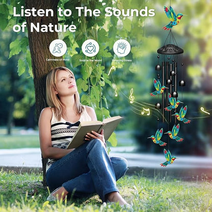 Hummingbird Wind Chime for Outside, Black Metal 38'' Wind Chimes with 4 Aluminum Tubes & 6 Wind Bell for Garden/Yard/Patio Outdoor Decor, Memorial/Housewarming/Birthday/Festival/Woman Gifts