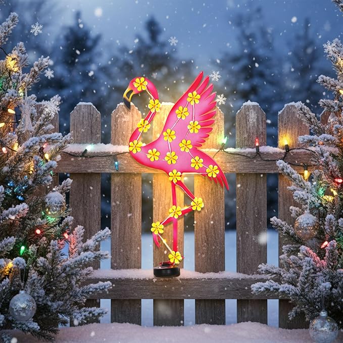 Metal Flamingo Outdoor Wall Decor with 30 Led Solar Lights- 23.2" Outdoor Fence Wall Art Decor, Gift for Mom Grandma Women Birthday Gardening,Hanging Decoration for Garden Patio Porch Yard