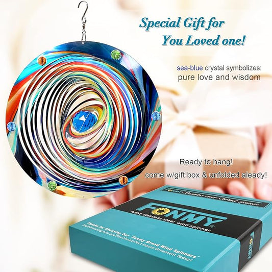 FONMY Mandala Wind Spinner w/Crystal Ball-Blue Plenet 3D Stainless Steel Hanging Spinners Worth Gift Christmas Decoration Indoor/Outdoor Garden Décor Kinetic Yard Art 12 Inches Wind Sculpture