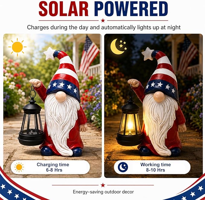 Solar Patriotic Gnome Lantern Statue, 9.4" Independence Day Garden Decor, American Flag Gnome Outdoor Decorations for Patio, Yard, Porch, and Lawn; Memorial Day and 4th of July Decor