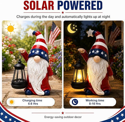 Solar Patriotic Gnome Lantern Statue, 9.4" Independence Day Garden Decor, American Flag Gnome Outdoor Decorations for Patio, Yard, Porch, and Lawn; Memorial Day and 4th of July Decor