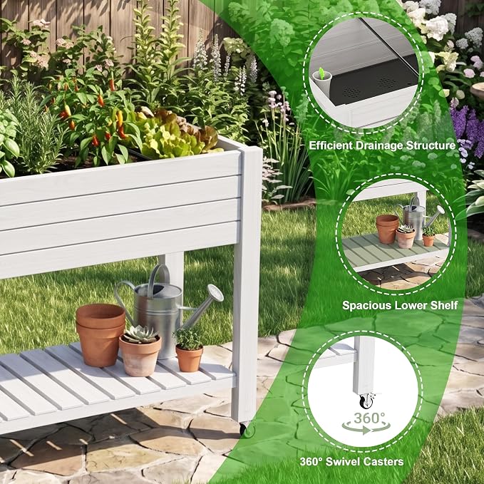 Elevated Resin Raised Garden Bed, 33.7in Height Raised Planter Box with Drainage Holes, Lockable Rotating Wheels & Bottom Storage Shelf, Stake Support, Easy Assembly for Patio Lawn Backyard Balcony