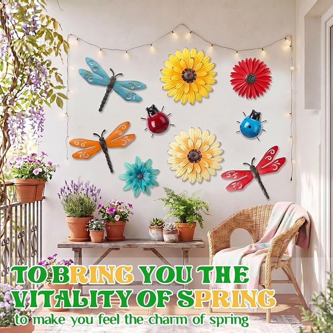 Therwen 9 Pcs Metal Wall Art Decor for Outside 3D Metal Sunflower Backyard Decorations Hanging Outdoor Wall Art Multicolored Flowers for Garden Fence Patio Yard Outdoor Porch