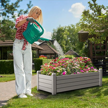 PatioZen Raised Garden Bed, 21 Gallon Self-Watering Outdoor Raised Planter Box with Drainage Plug and Gauge for Vegetables, Flowers and Herbs, Durable Rustproof Resin for Backyard Patio Porch (Grey)