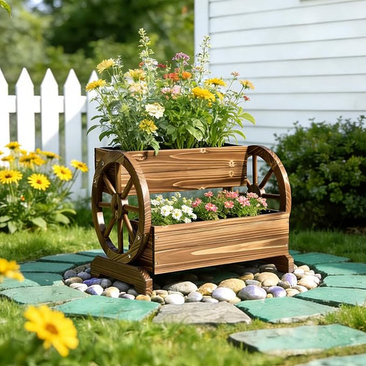 24" Extra Large Rustic 2-Tier Wooden Wagon Planter Box | Carbonized wood flower cart with 2 tiers, drainage holes, liner, and wagon wheels for porch, patio, and garden decor
