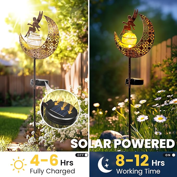 Fairy Garden Solar Lights Outdoor Decor, Moon Garden Stakes, Waterproof Outdoor Metal Decorations Gifts for Women and Mom, Art Moon Sculpture for Walkway, Yard, Patio, Garden and Porch, 1 Pack