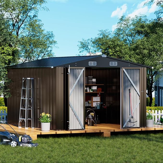 COMHOMA Shed Outdoor Storage Shed Metal,Lockable Doors Tool Sheds with Sloping Roof,Steel Garden Shed with Air Vent for Backyard,Patio,Lawn,Poolside (Brown, 10'x12') | Sloping Roof and Air Vent Perfect for Backyard Patio Lawn and Poolside