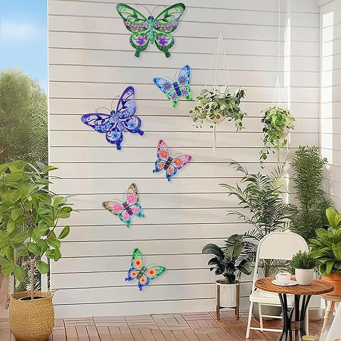 SUNREEK 6Pcs Metal Butterfly Wall Decor, 14Inch/9Inch Outdoor Butterfly Wall Art for Fence Garden Yard Room Patio Balcony Decorations