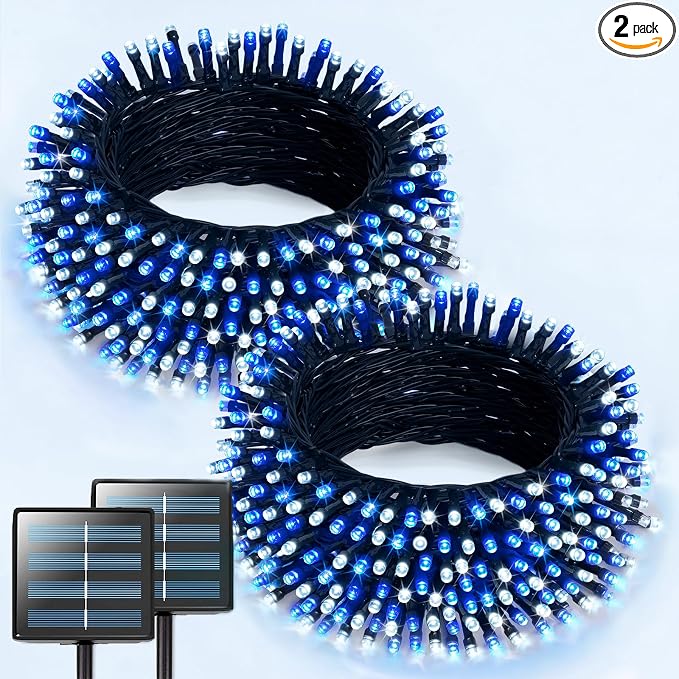 JMEXSUSS 2 Pack Solar Christmas Lights, Total 400 LED 151FT, White and Blue | Christmas Lights Outdoor Waterproof, 8 Modes Solar String Lights for Outside Patio Yard Garden Tree Christmas Decorations