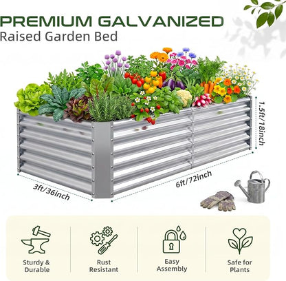 AHEONLAR 6x3x1.5ft Galvanized Raised Garden Bed Outdoor, Rectangle Metal Planter Box for Vegetables, Flowers, Herbs and Plants, Durable Garden Bed with Easy Assembly, Silver