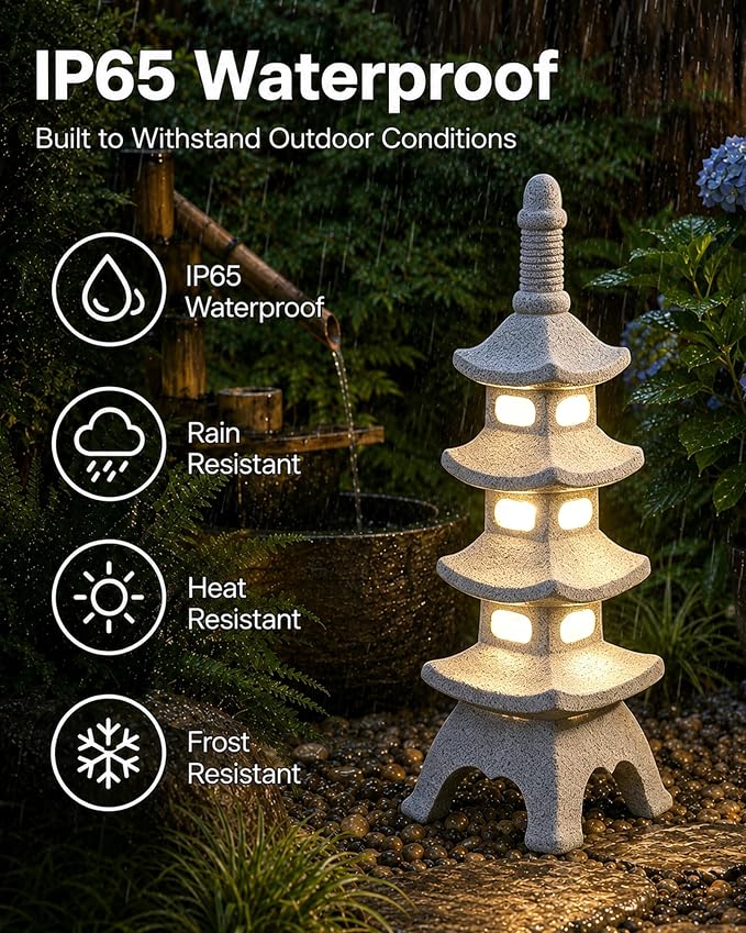 Nacome Solar Pagoda Garden Statues: 15.7 inches Multi-Layer Outdoor Weatherproof Resin Zen Decor for Landscape Balcony Patio Porch Yard Ornament(Gray)
