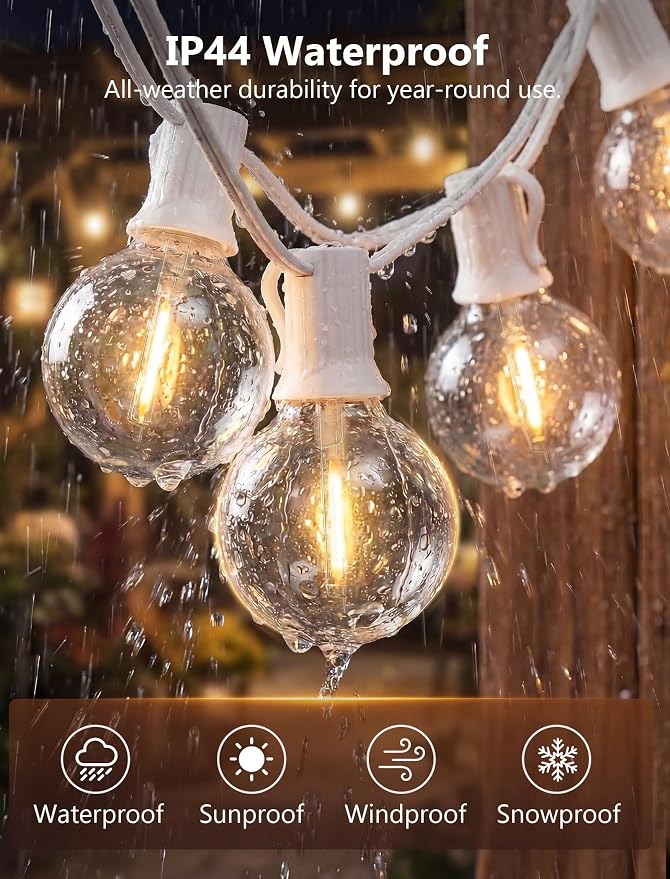 25Ft G40 LED Outdoor String Lights White, 27 Shatterproof Bulbs Waterproof | Plug In, Dimmable, Connectable, Hanging Outdoor Globe Lights for Patio Backyard Wedding Party Christmas, 2700K Warm White