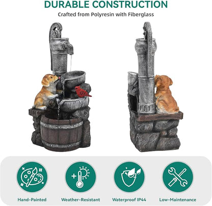 30" Puppy & Red Bird Outdoor Fountain, 3-Tier Pastoral Water Feature with LED Lights, Resin Two Bowls & Wooden Barrel Soothing Cascading Waterfall for Patio, Backyard, Garden | Pastoral Two Bowls & Wooden Barrel Water Feature Outdoor, 3-Tiers Soothing ...