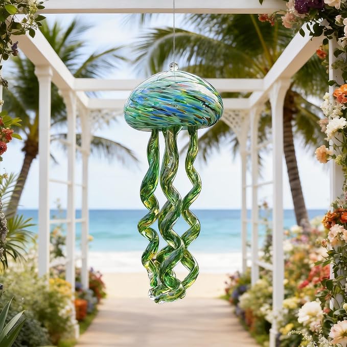 Sea Blown Glass Wind Chimes for Outside Jellyfish Ocean Wind Chimes 10 Inch | Ocean Beach Themed Crystal Wind Chime Gift Sea Glass Wind Chimes Hanging Decor for Patio, Window & Garden