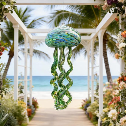 Sea Blown Glass Wind Chimes for Outside Jellyfish Ocean Wind Chimes 10 Inch | Ocean Beach Themed Crystal Wind Chime Gift Sea Glass Wind Chimes Hanging Decor for Patio, Window & Garden