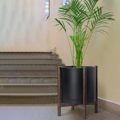 D'vine Dev Plastic Pot with Walnut Wood Stand, Black, 16 in, 55-C-X-2 | Mid-Century Inspired Design, Elevated Plant Display, Clean Lines, Sturdy Support, Modern Space-Saving Style