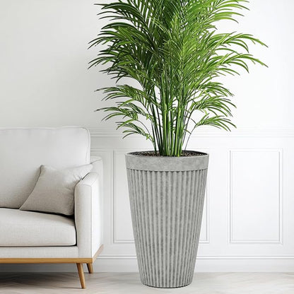Autodaya 20" Ivory Outdoor Fluted Resin Tall Planters Set of 2 | High-Density Resin Pots with Drainage Holes for Indoor and Outdoor Plants, Patio, Garden, Porch, Living Room, or Gifting