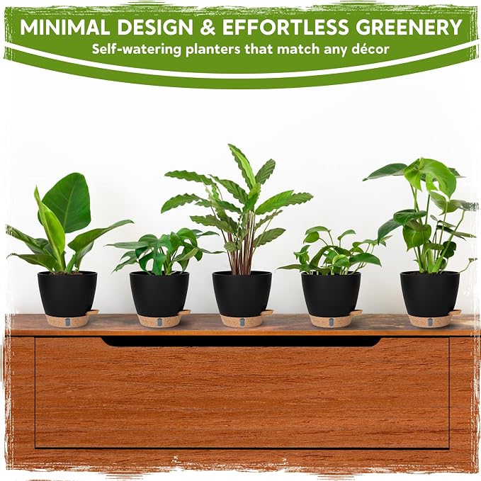 8 Inch Self Watering Pots for Indoor Plants, Plastic Planters with Deep Reservoir & Drainage Holes, Flower Pots for Monstera, Snake Plant & Peace Lily, Worry-Free Vacation Care (Black, 8 inch)