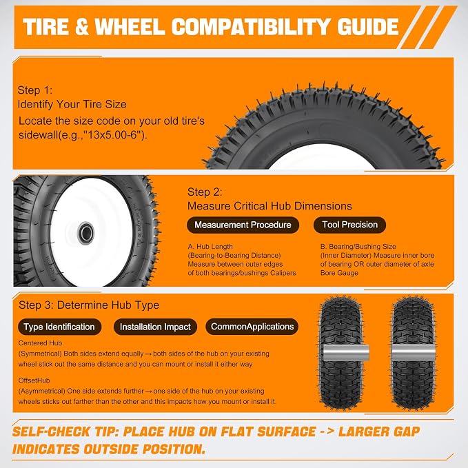 Yesker 13x5.00-6 Pneumatic Lawn Mower Tire and Wheel with 3/4" Bearing Bore, 13x5-6nhs Rubber Riding Lawnmower Tires with 3" Center Hub, 2 Pack