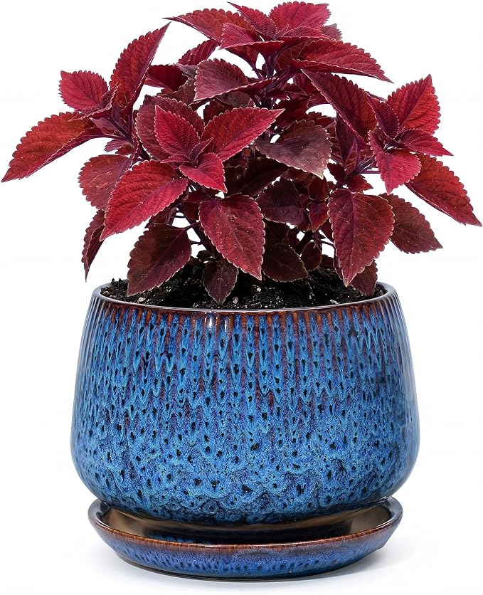 7.5 Inch Ceramic Planter with Saucer,Modern Garden Pots with Drainage Hole Mesh Net, for Indoor Outdoor Use (Speckle Blue)