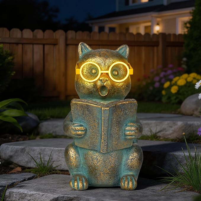 Solar Reading Cat Decor with Light-Up Glasses Patina Garden Statues | Resin Outdoor Animal Ornament for Patio Yard Porch, Birthday Housewarming Gifts for Women Cat Lovers