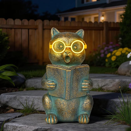 Solar Reading Cat Decor with Light-Up Glasses Patina Garden Statues | Resin Outdoor Animal Ornament for Patio Yard Porch, Birthday Housewarming Gifts for Women Cat Lovers