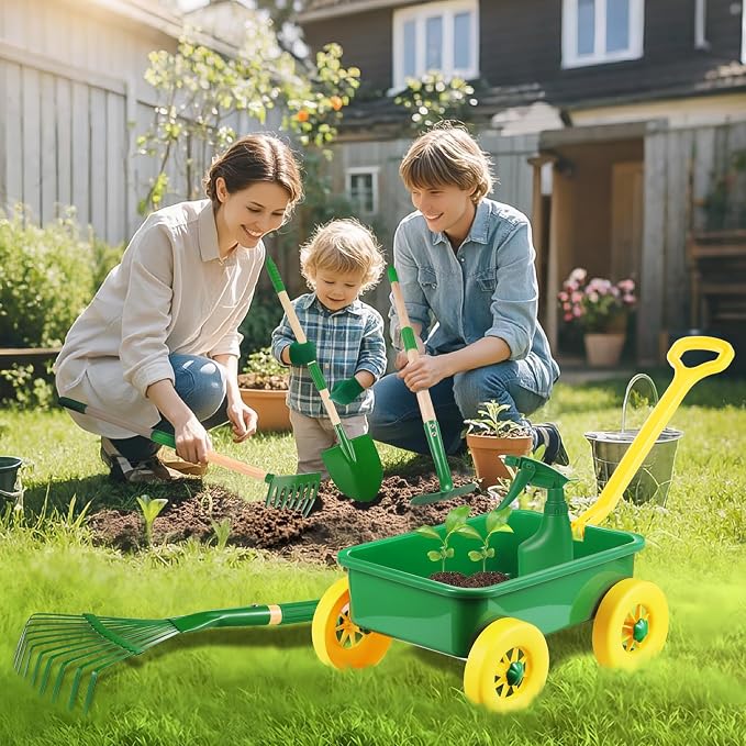 Kids Gardening Tools Set, Outdoor Wheelbarrow with Shovel & Rake, 7pcs | Shovel, Rake, Summer Outdoor Digging Weeds & Yard Play, Easter Birthday Gift for Boys & Girls Age 2 3+