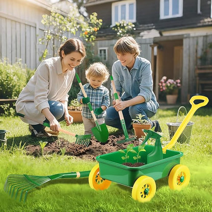 Kids Gardening Tools Set, Outdoor Wheelbarrow with Shovel & Rake, 7pcs | Shovel, Rake, Summer Outdoor Digging Weeds & Yard Play, Easter Birthday Gift for Boys & Girls Age 2 3+