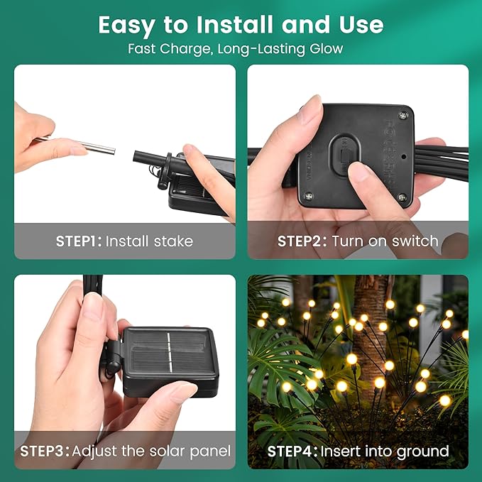 Solar Garden Lights, LED Swaying Solar Lights Outdoor Waterproof, Warm White Firefly Outdoor Decorative Lights, Garden Decor, Yard, Patio, Pathway Decoration Gardening Gifts (4 Pack)