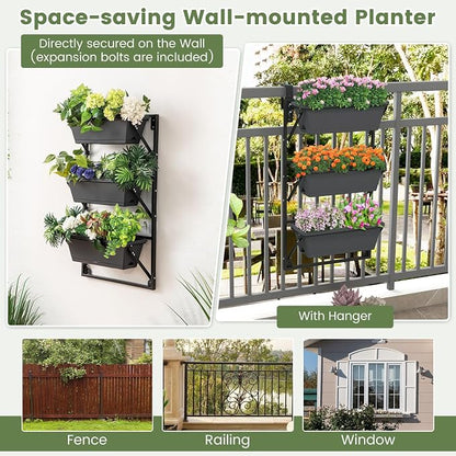 Giantex Set of 2 Vertical Raised Garden Bed, Hanging & Wall-Mounted Planter Garden Boxes, Adjustable Shelf & Detachable Hooks, 3-Tier Railing Raised Beds for Flower Strawberry Vegetable